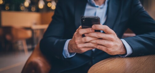 The man in a suit using a smartphone at a modern cafe setting.