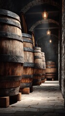 Rows of aged wooden barrels in a dimly lit cellar create an atmosphere of tradition and nostalgia