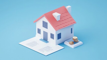 3D model of house with legal documents and contract