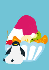 フルーツ盛りのいちごかき氷とペンギン © gurigon