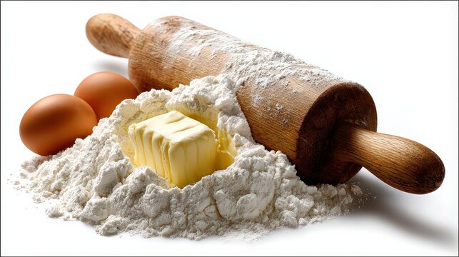 A close-up photo featuring flour, butter, and brown eggs with a rolling pin, perfect for culinary-themed projects, baking tutorials, or recipe books, Great for food blogs and kitchen promotions,
