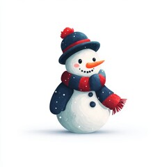 Snowman standing in a winter landscape with a cheerful expression, colorful scarf, and hat during a snowy day