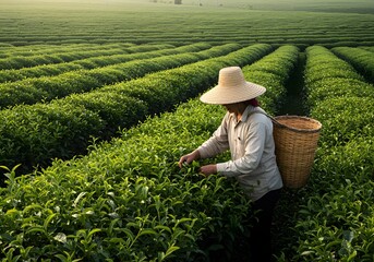 Traditional farmer hand-picking green tea leaves in the field