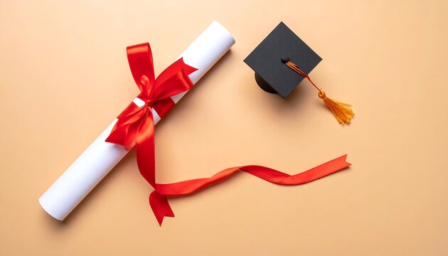 Diploma with mortarboard with orange background.
