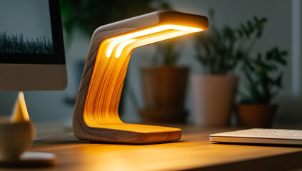 Wooden desk lamp with LED strip, warm yellow light and rounded edges for a comfortable workplace environment