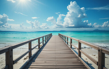 Fototapeta premium Wooden Pier Leading to Tropical Turquoise Ocean Under a Blue Sky
