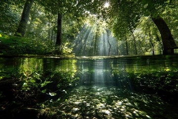 Obraz premium Sunlight streams through a tranquil forest stream