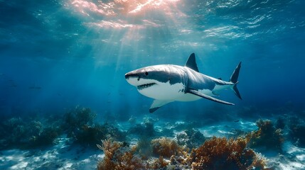 Majestic great white shark swimming gracefully through vibrant coral reef under sunlit ocean waters