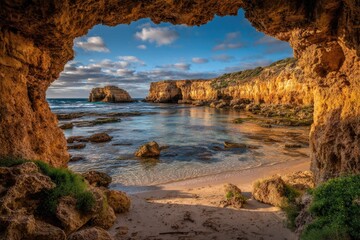 Coastal cave view of a tranquil beach