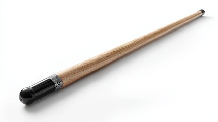 A sleek cue stick rests on a clean white background, showcasing its elegant design, Ideal for promotional materials related to billiards, pool halls, or sporting goods