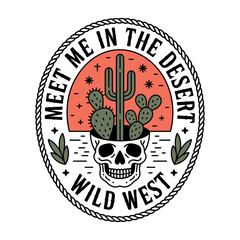 Skull with Cacti and Desert Scene in Rope Circle cactus wild west