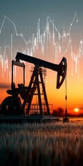 Financial graph and oil pump silhouette at sunset, showcasing industry growth and market volatility.