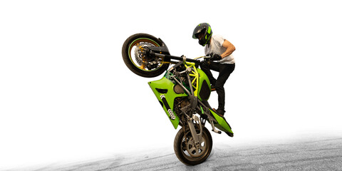 Moto stunt riding biker isolated on white background.