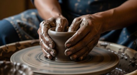 The Art of Pottery: Hands Shaping Clay on a Wheel with precision and care