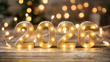 Happy new year 2026 golden numbers with glittering lights and sparkling snow for a festive holiday celebration. - Powered by Adobe