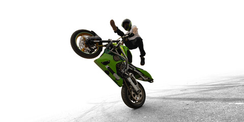 Moto stunt riding biker isolated on white background.