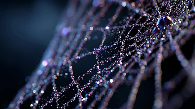 Macro spider web with sparkling dew drops glowing like jewels in morning light on a dark blue background.