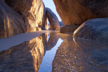 Sunlight reflecting in a clear, rocky stream