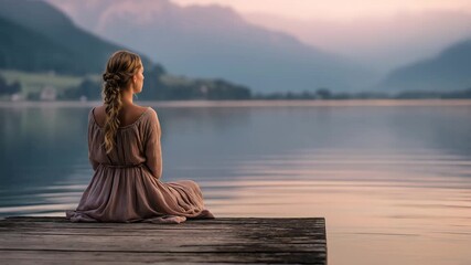 Woman sitting on a wooden dock looking at a calm lake and mountains at sunrise, feeling serene and peaceful.
