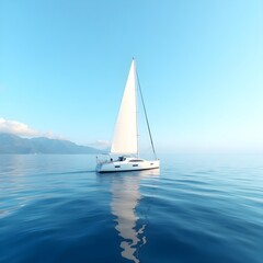 Naklejka premium Serene Sailing Yacht on Calm Ocean Waters Under a Clear Blue Sky