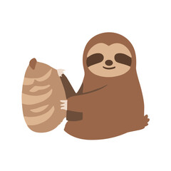Fototapeta premium Cartoon sloth sitting and hugging a striped, oval-shaped object, possibly a rock or a pillow, with a happy expression.