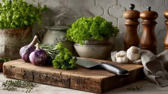 Rustic kitchen scene with fresh herbs, garlic, and onion on a wooden cutting board ready for cooking a meal.