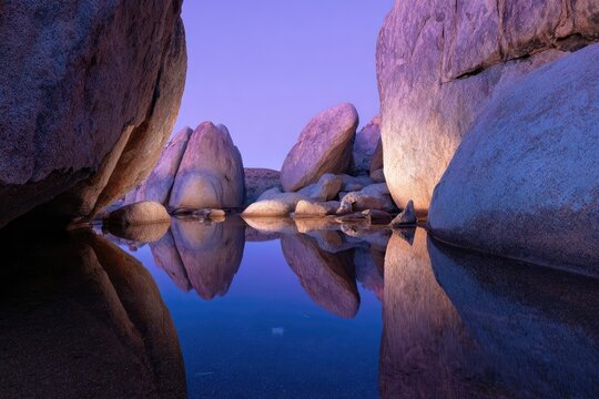 Boulders reflect in tranquil water at dawn
