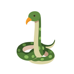 Fototapeta premium Cartoon illustration of a coiled, green snake with orange beak.