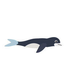 A cute, flat vector illustration of a dark blue dolphin or small whale swimming happily.