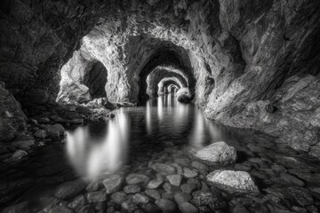 Obraz premium Black and white cave tunnel, water reflection