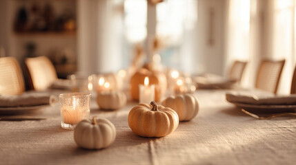 Obraz premium A beautifully arranged Thanksgiving table, adorned with pumpkins and lit candles.