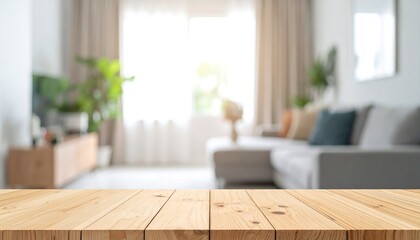 Empty wooden table top in a living room.
