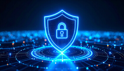 Cyber Shield: A digital shield, with a glowing padlock at its center, representing robust cybersecurity. Data protection concept with security, confidentiality and privacy, ideal for tech.