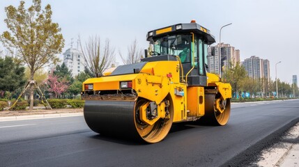 Yellow road roller on freshly paved road