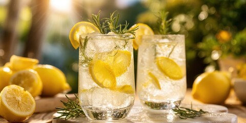 The refreshing lemon drink garnished with rosemary in sunlight.