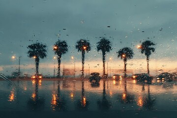 Rainy twilight scene, palm trees, city street reflected on wet car window