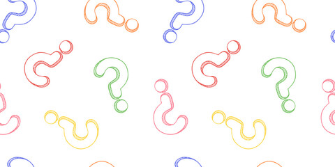 Fototapeta premium Question mark colorful outline drawing in sketch style seamless pattern on white background. Customer service, presentation, conversation, communication, faq help concept