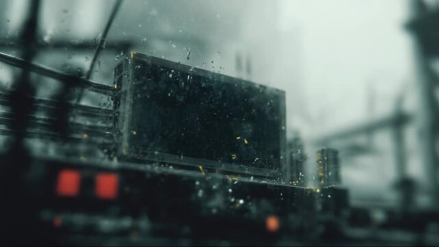 Industrial scene with blurred monitor displaying warning signa on rainy day   
