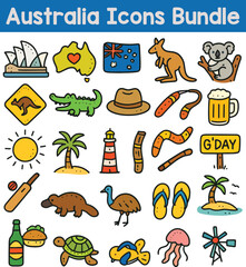 Set of Colorful Australia icons. Doodle style icon vector bundle.eps