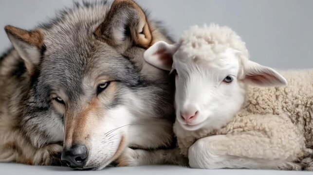 A close-up of a gray wolf and a white sheep cuddling together. The wolf has a thick fur coat and piercing eyes, while the sheep has a fluffy wool coat.