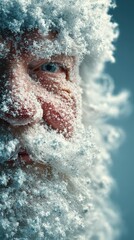 Snow-covered figure with intricate details and a frosty appearance during winter, showcasing a close-up perspective