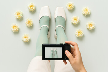 Photographer taking pictures of legs wearing white shoes and green tights surrounded by roses