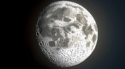 Detailed view of the moon's surface.  Cratered, light gray sphere against black space