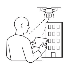 Line art of person using drone to inspect a building with tablet. Remote inspection, urban monitoring, real estate and infrastructure control concept.