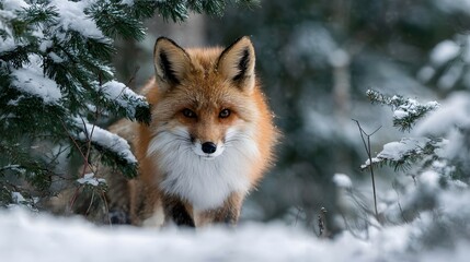 A red fox gracefully navigating through a snowy forest, surrounded by evergreen trees and soft snowfall