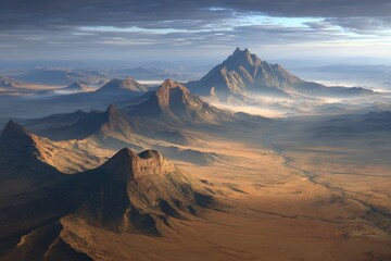 Naklejka premium Vast, desert landscape with rugged, mountain peaks. Sunrise or sunset light