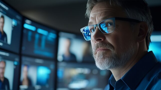 Man Engaged in Watching Multiple Screens Displaying Collaborative Interactions and Virtual Meetings