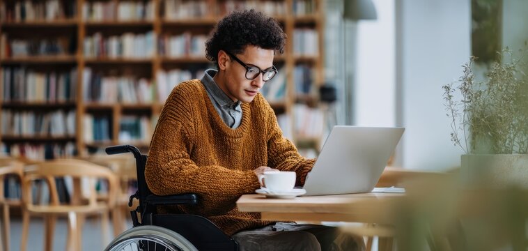 The young man in a wheelchair working on a laptop in a cozy library.
