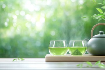 Two cups with green drink and a teapot. Generative AI
