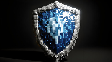 Pixelated shield with a blue gem center, stone-like edges,  and  illuminated detail